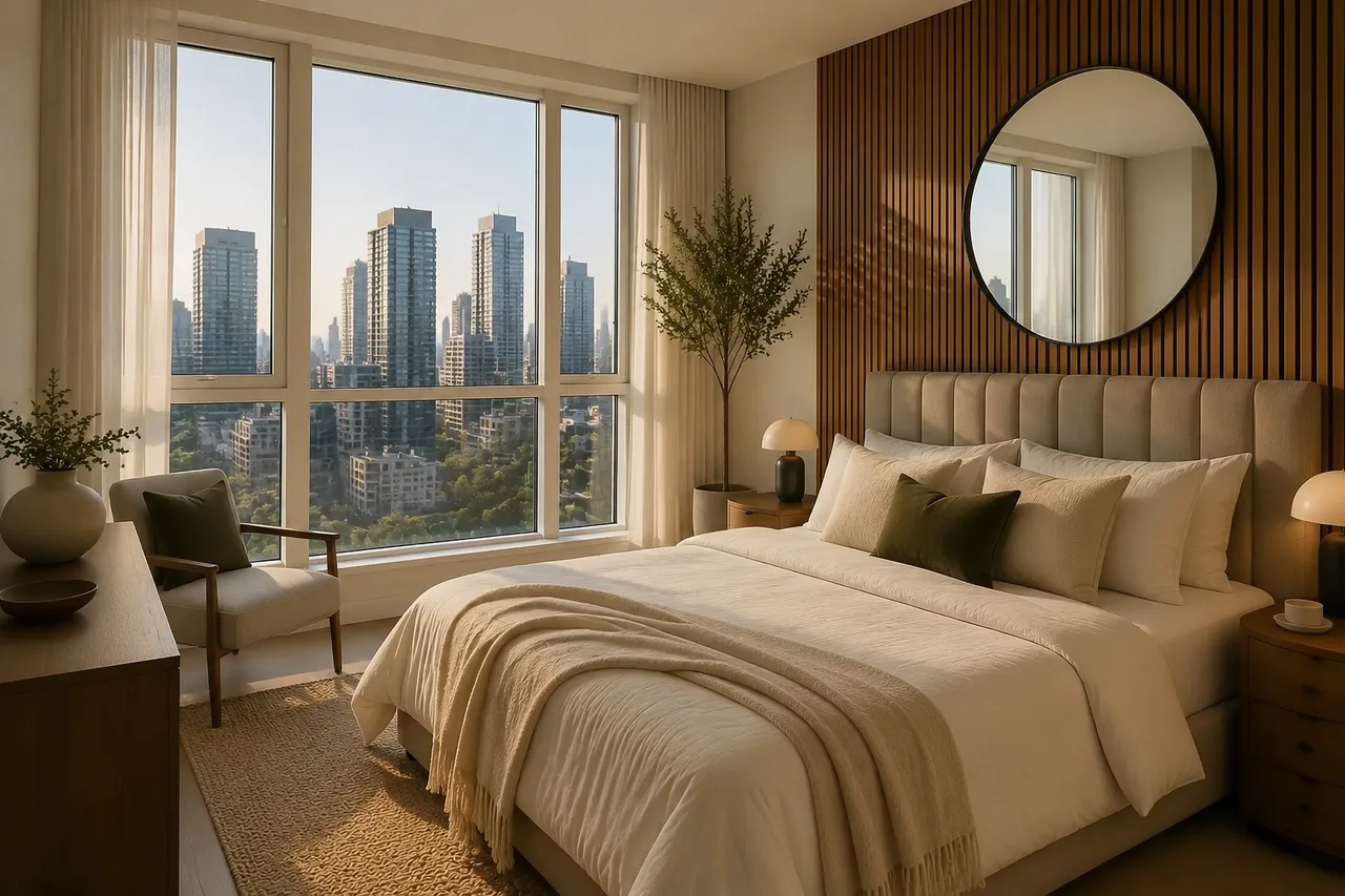 Warm Mississauga short term rental interior with bright windows and balcony light
