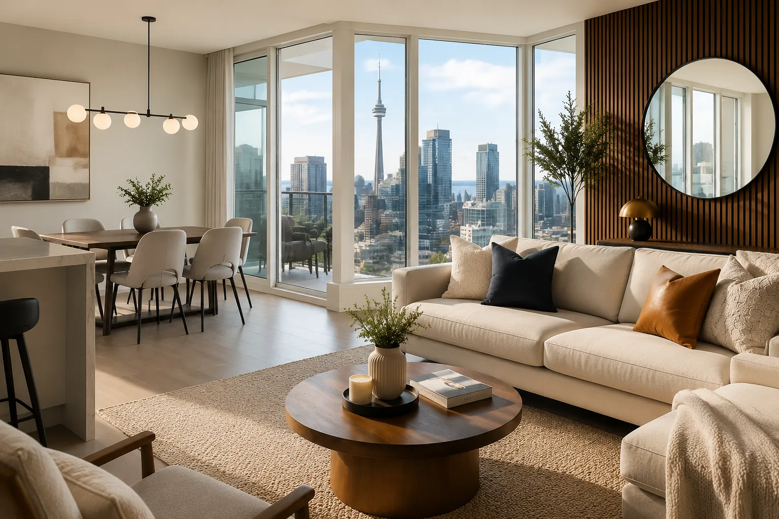 Warm Toronto short term rental interior with bright windows and city views