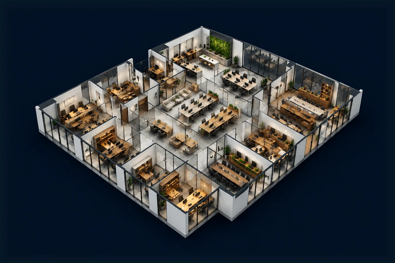 3D dollhouse cutaway of a commercial office floor