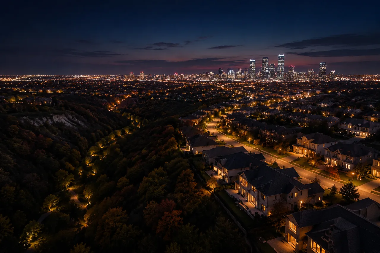 Evening aerial of an executive neighbourhood beside a wooded ravine with a tower skyline beyond