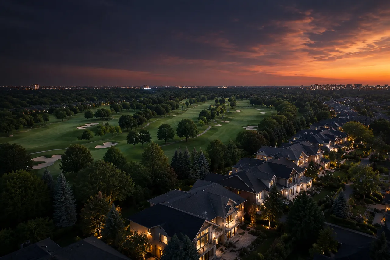 Dusk aerial of executive homes backing onto golf course fairways