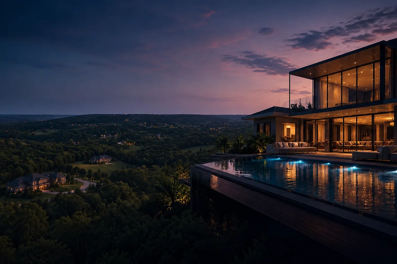 Dusk aerial of a modern estate overlooking rolling countryside