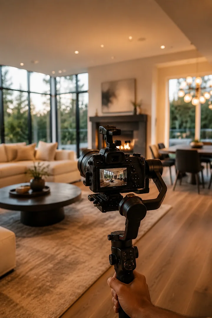 Cinematic camera on a gimbal filming an Oakville living room