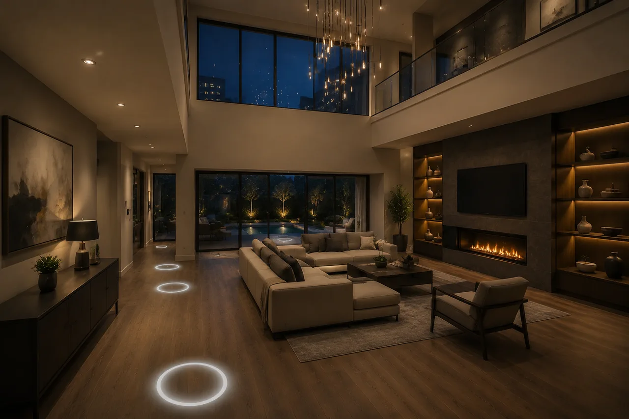 Night-lit 3D dollhouse cutaway of a modern 2-storey home with Matterport scan points