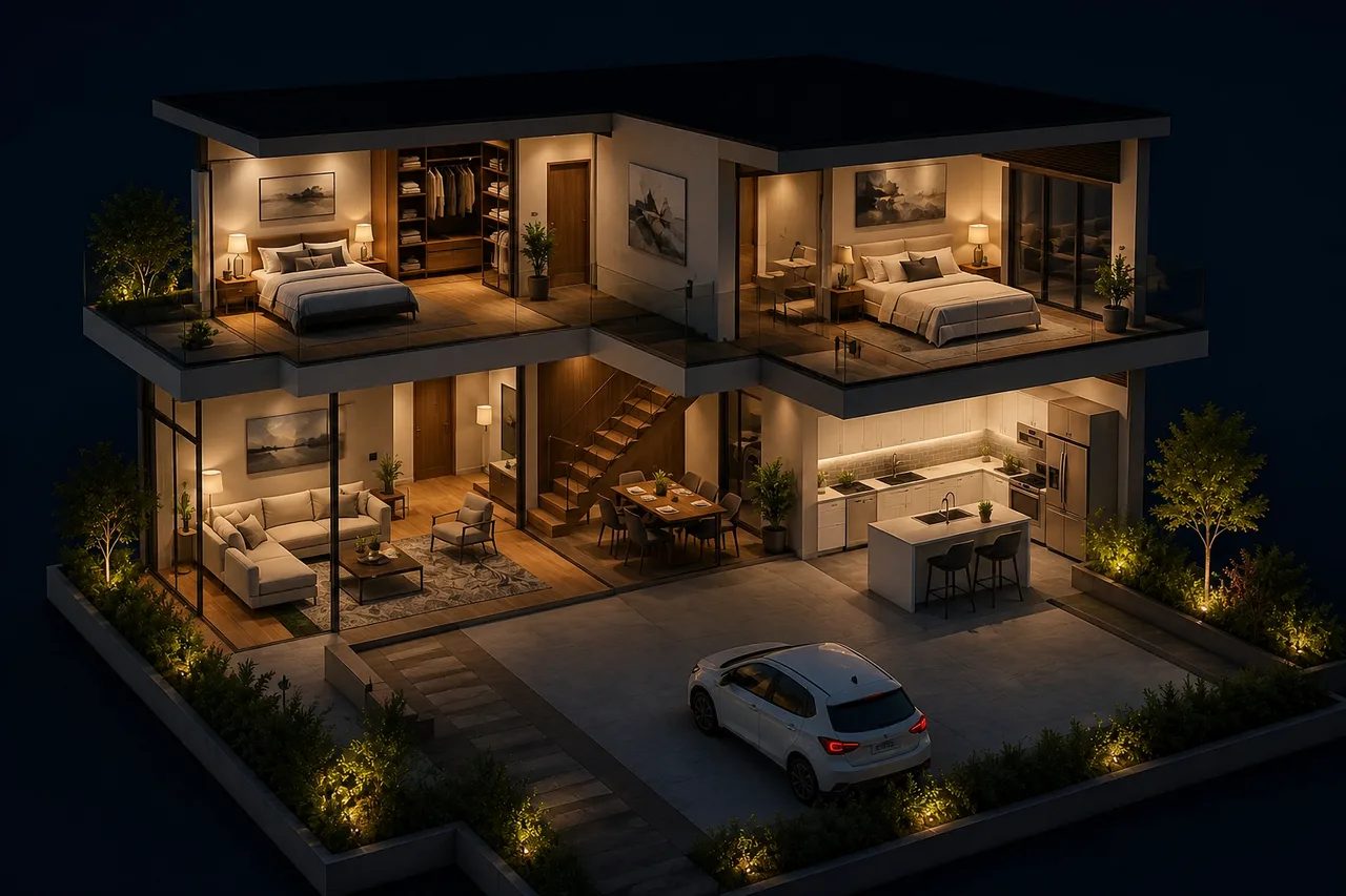 Night-lit 3D dollhouse cutaway of a 2-storey family home with driveway parking