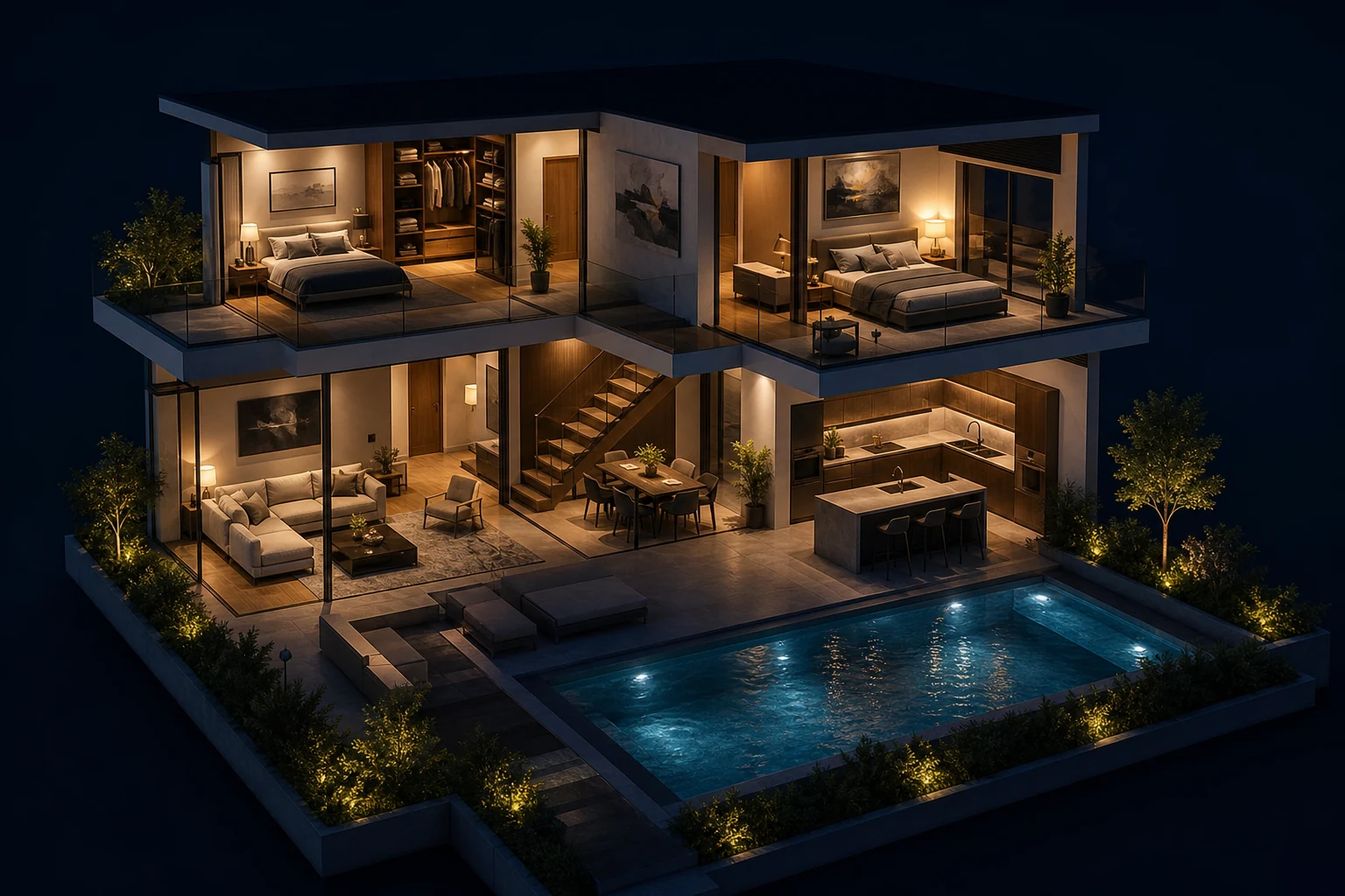 Night-lit 3D dollhouse cutaway of a modern two-storey home