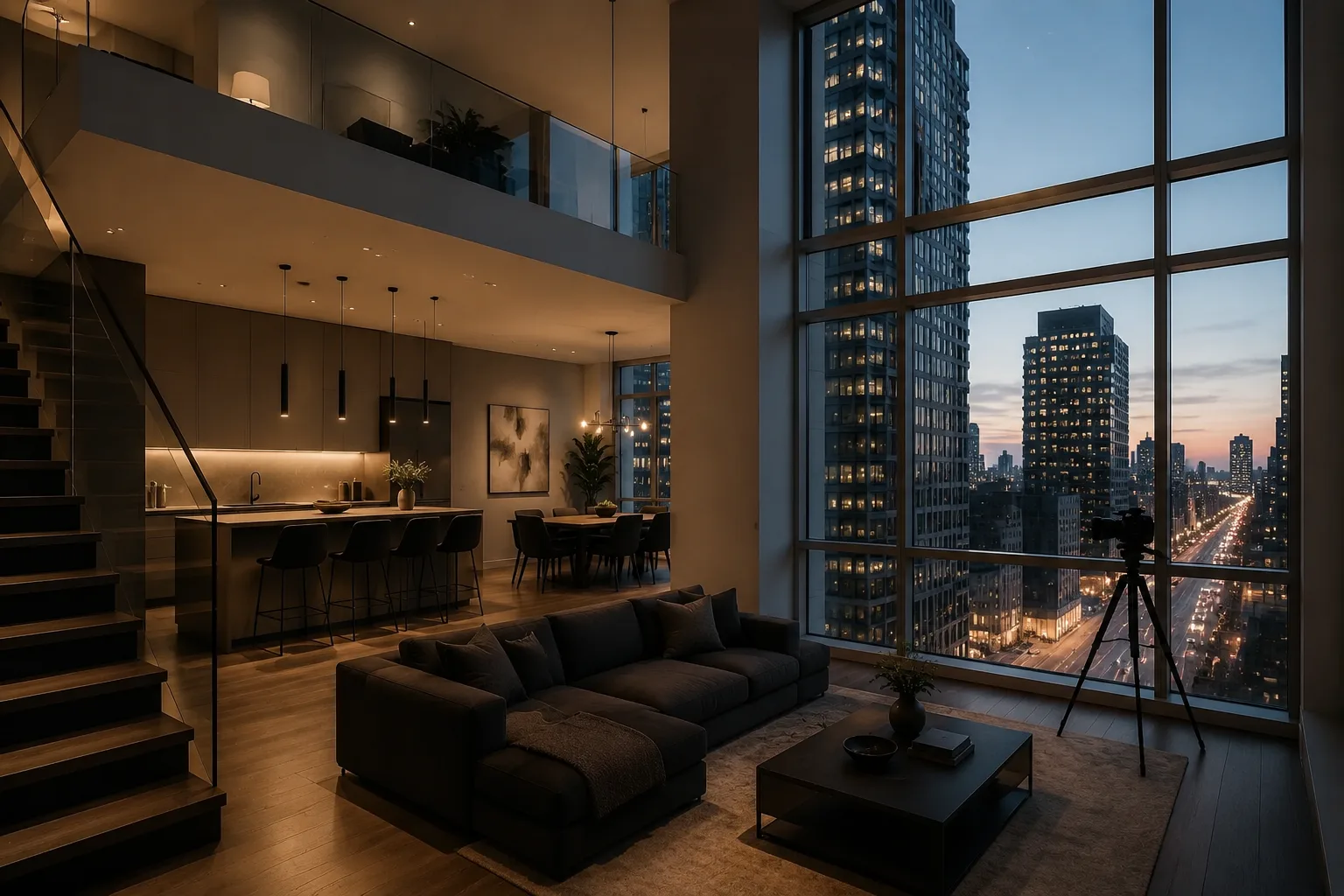 HDR photography setup in a North York condo living room over the Yonge corridor skyline