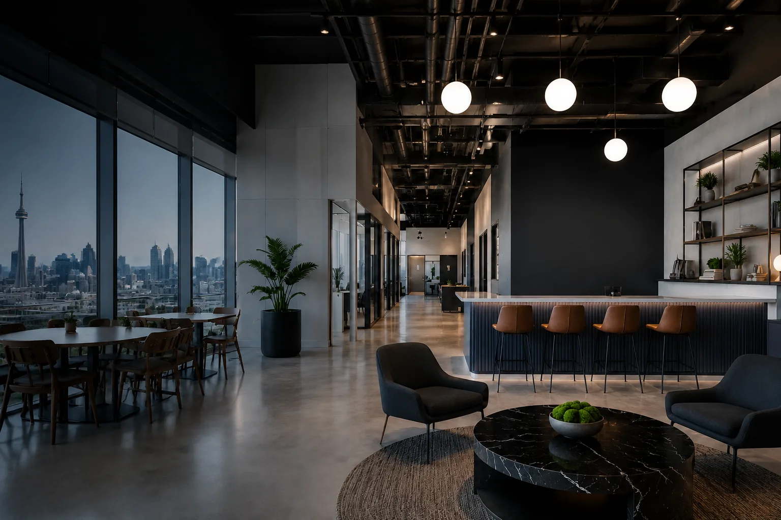 Premium Toronto commercial office reception with moody architectural lighting