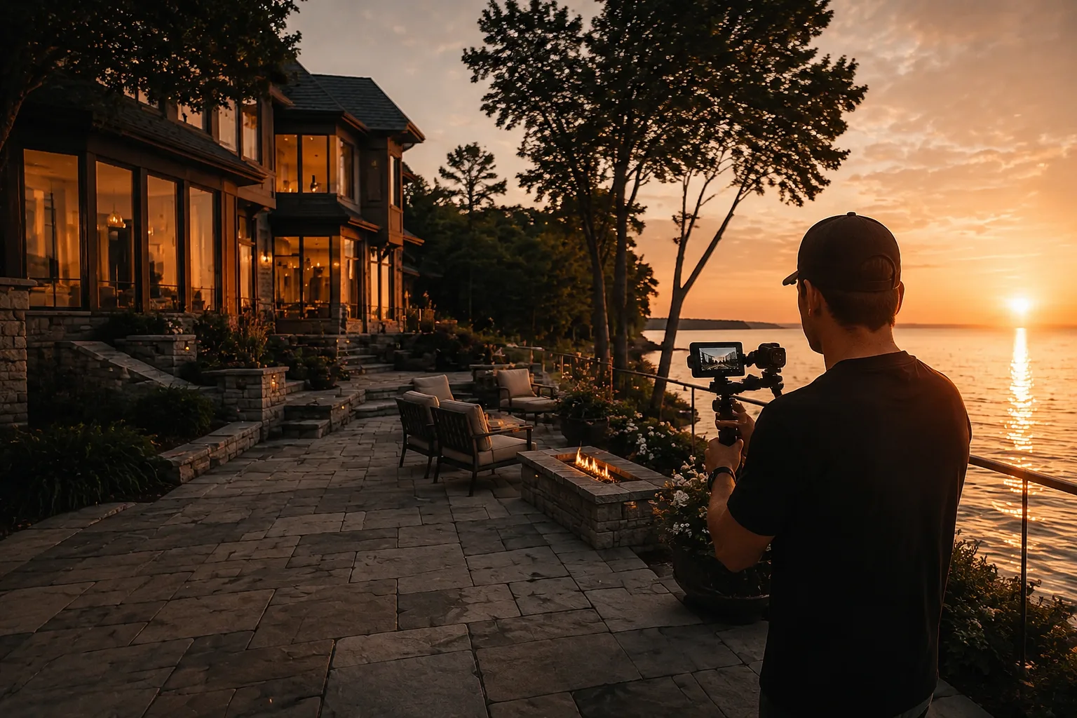 Odyssey3D filmmaker recording a lakefront Oakville home at golden hour