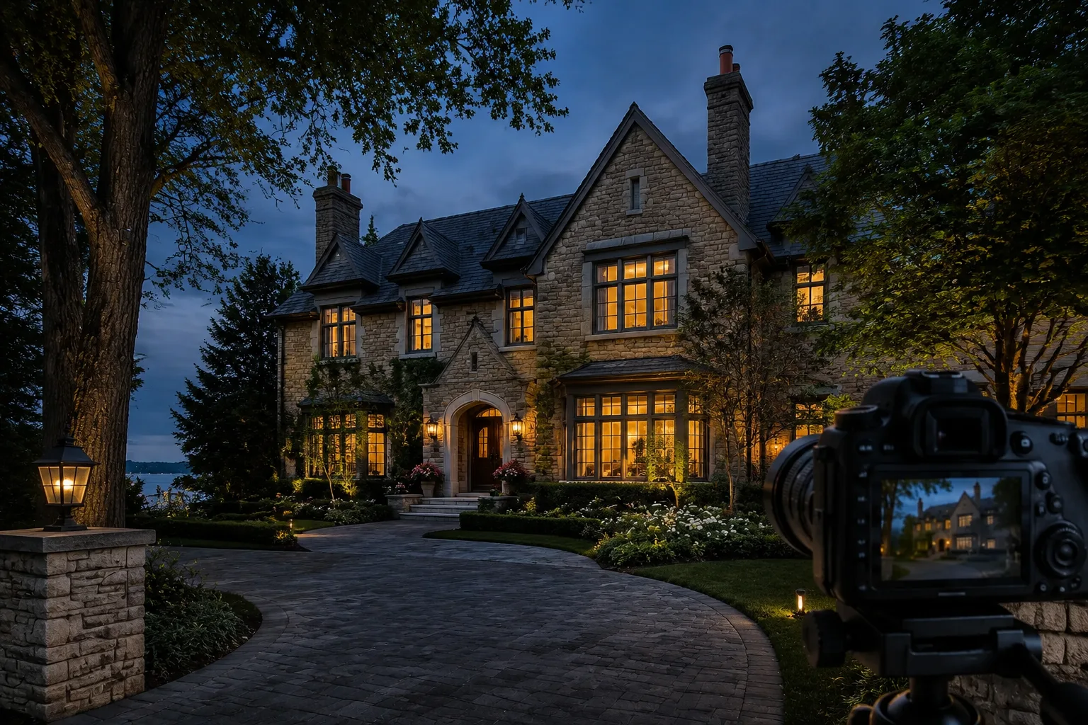 Twilight HDR photography of a stone lakefront estate in Oakville