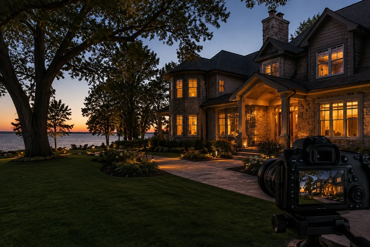 Twilight real estate photography of a Roseland lakefront home in Burlington
