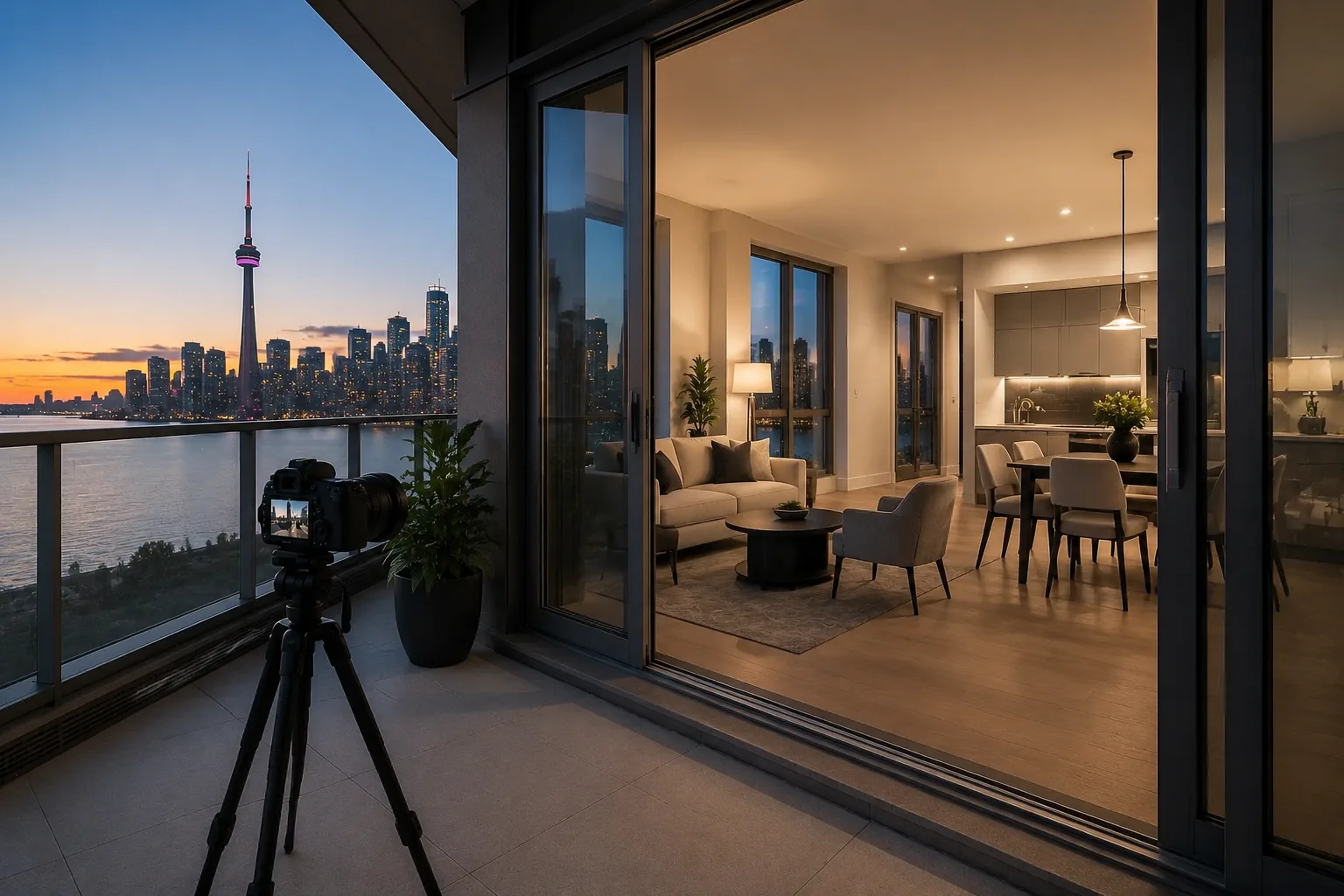 HDR real estate photography of a Humber Bay Shores condo framing the Toronto skyline in Etobicoke