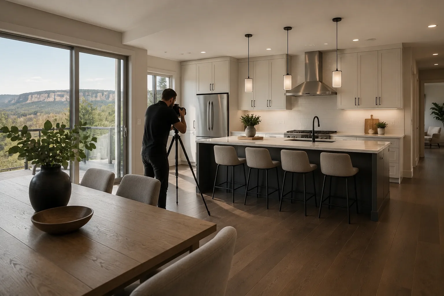 HDR photography setup in a Milton living room with the escarpment ridge through the rear windows