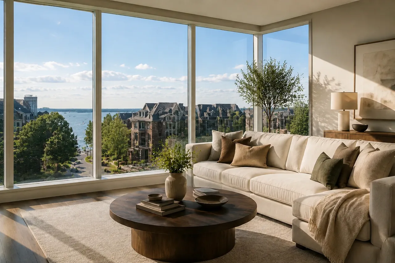 Modern Mississauga condo living room with floor to ceiling windows overlooking the City Centre skyline