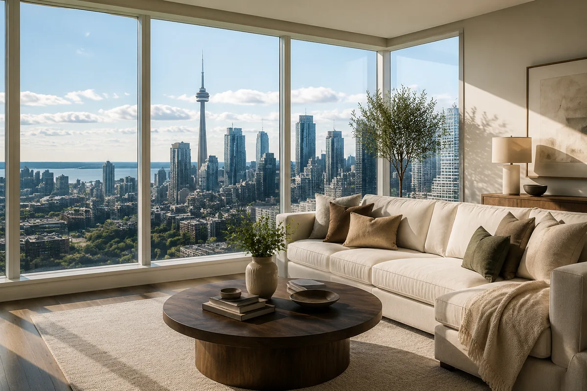 Modern Toronto condo living room with floor to ceiling windows framing the CN Tower and downtown skyline