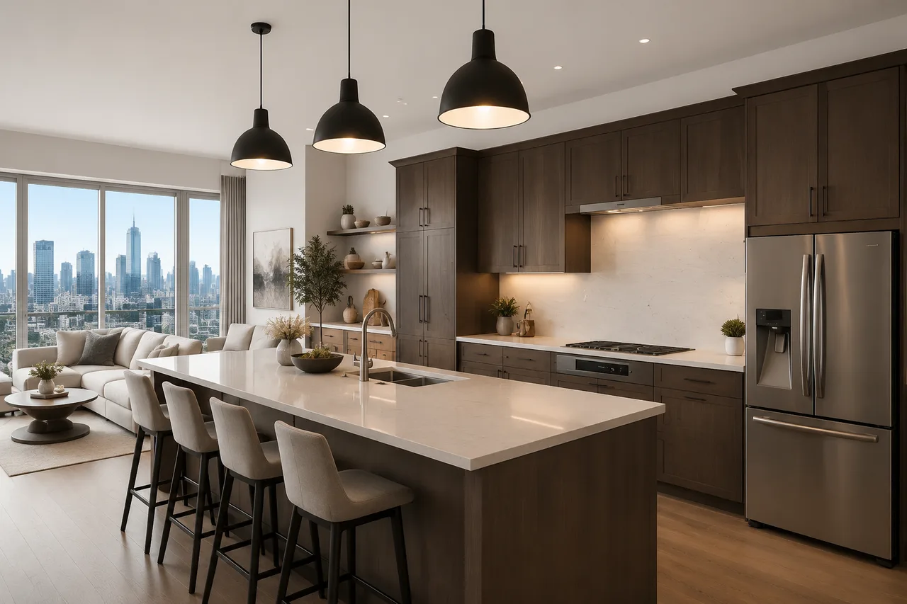 Professionally photographed North York condo kitchen with the skyline in view