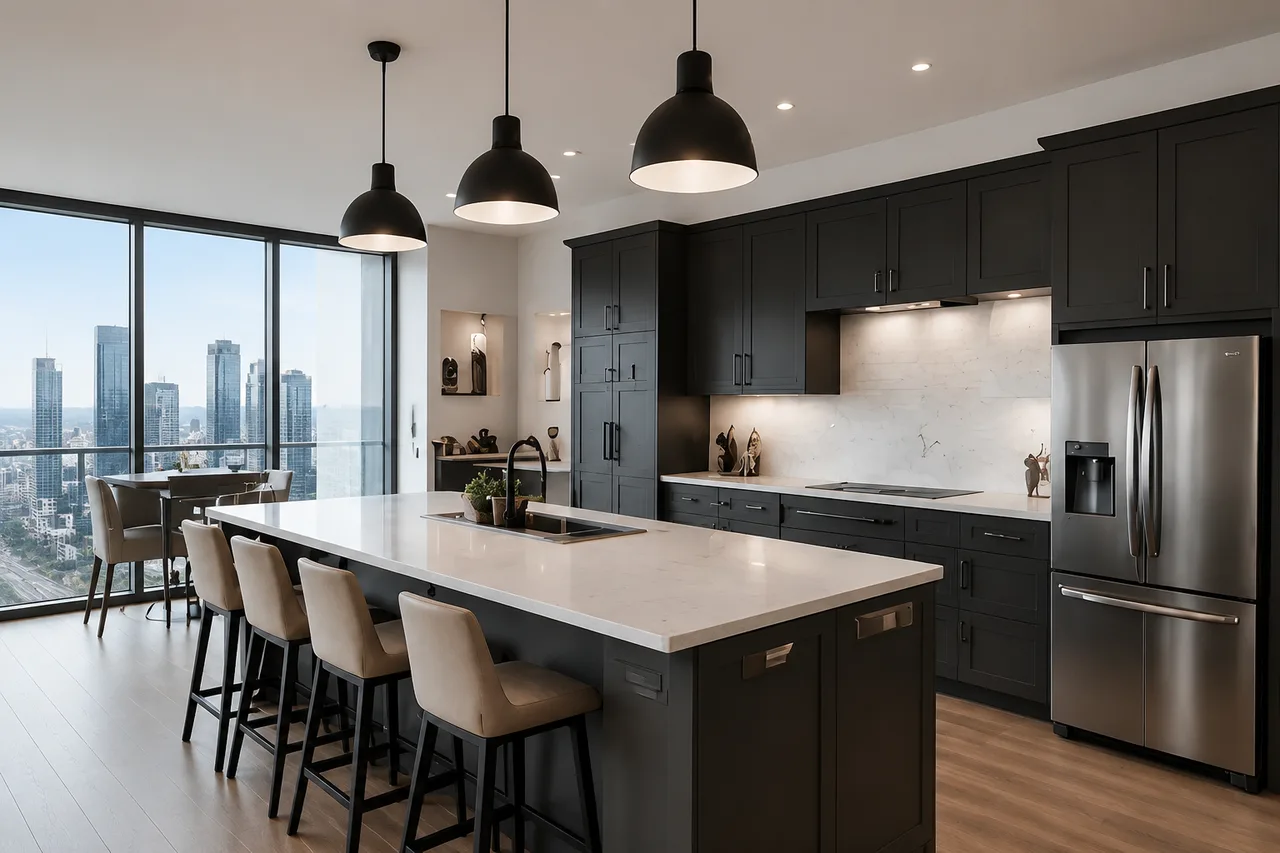 Professionally photographed Vaughan condo kitchen with the VMC skyline through the glass