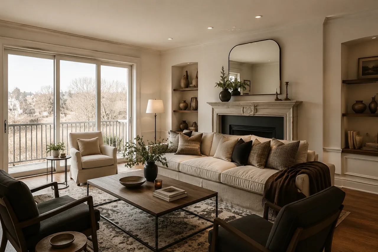 Editorial living room photography in an Oakville home overlooking a mature street