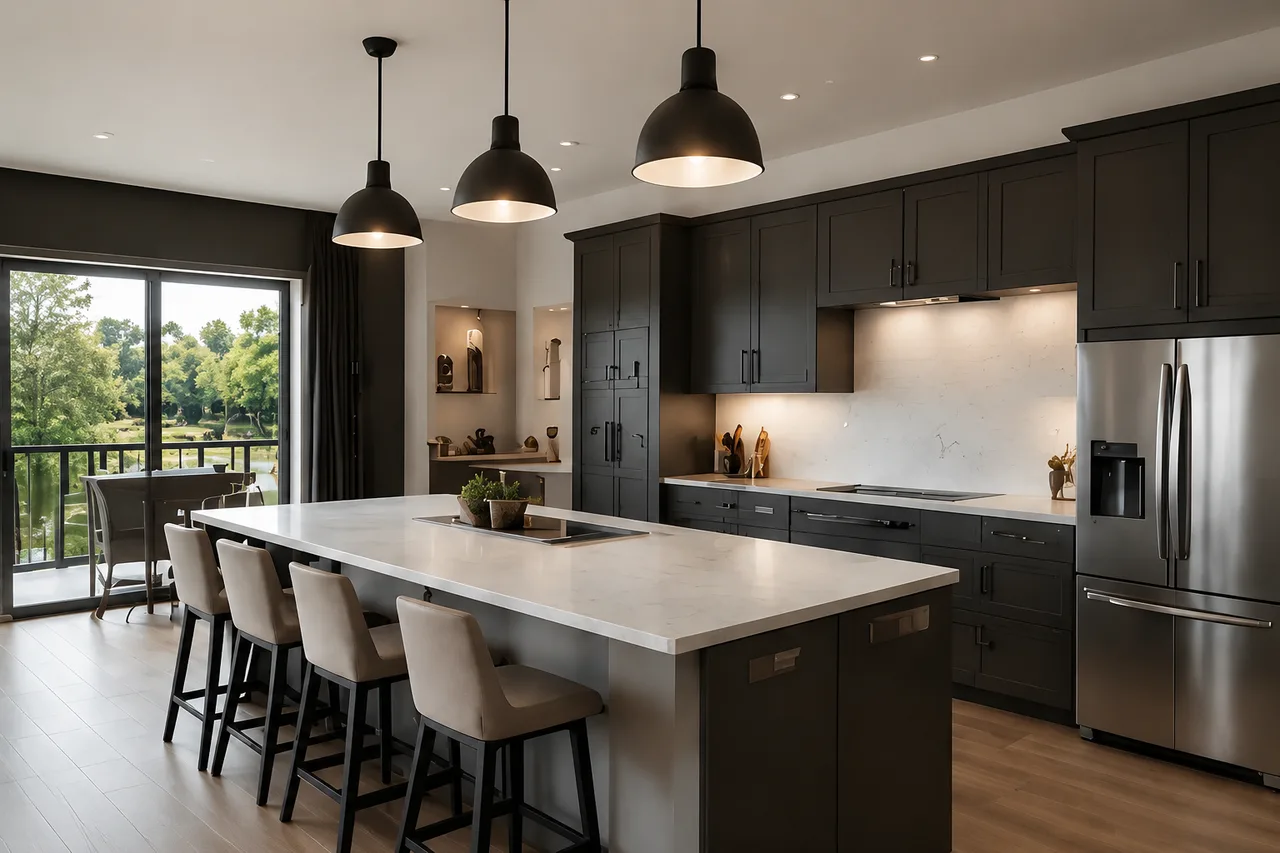 Professionally photographed Richmond Hill kitchen overlooking a treed pond