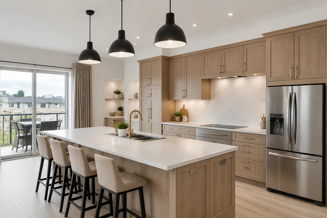 Bright HDR photo of a new build Milton kitchen with the subdivision beyond the balcony