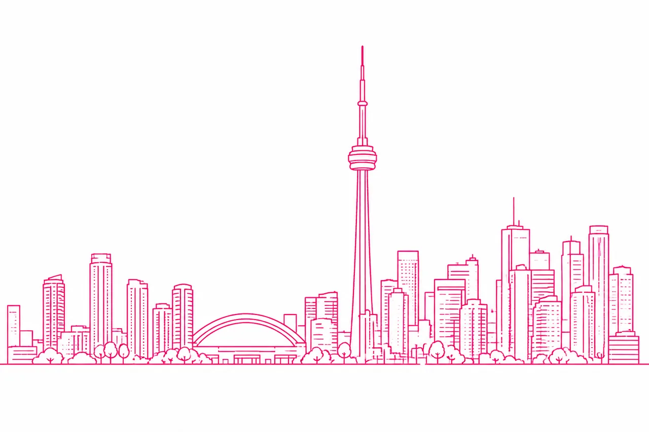 Minimal hot pink line drawing of the Toronto skyline with the CN Tower