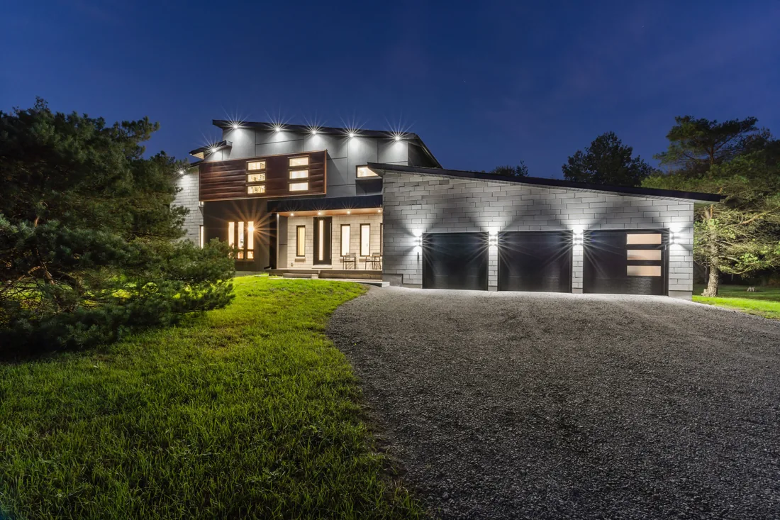 Twilight exterior of a Caledon estate captured for a luxury film