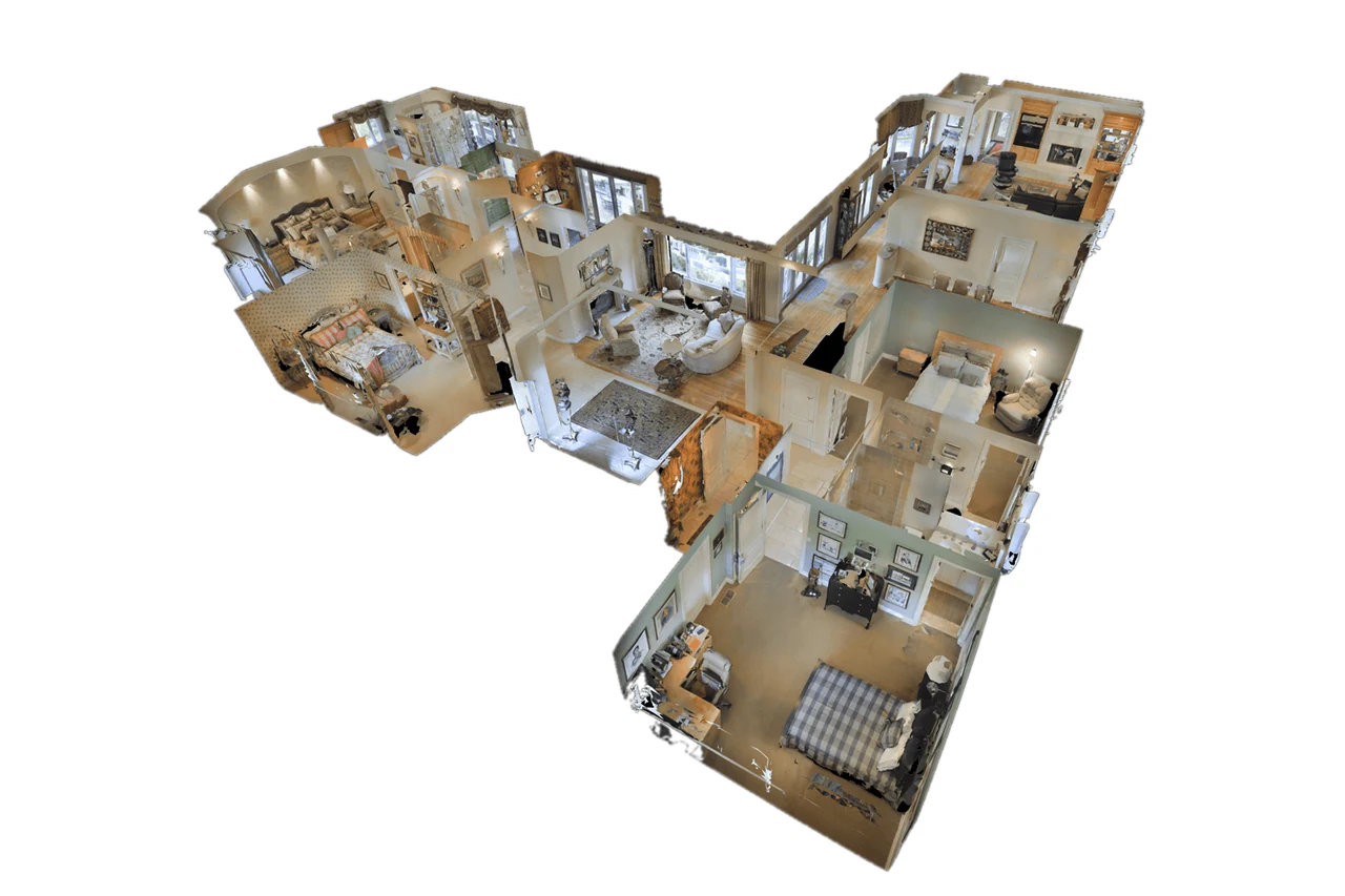 Night-lit 3D dollhouse cutaway of a modern 2-storey home with a landscaped pool