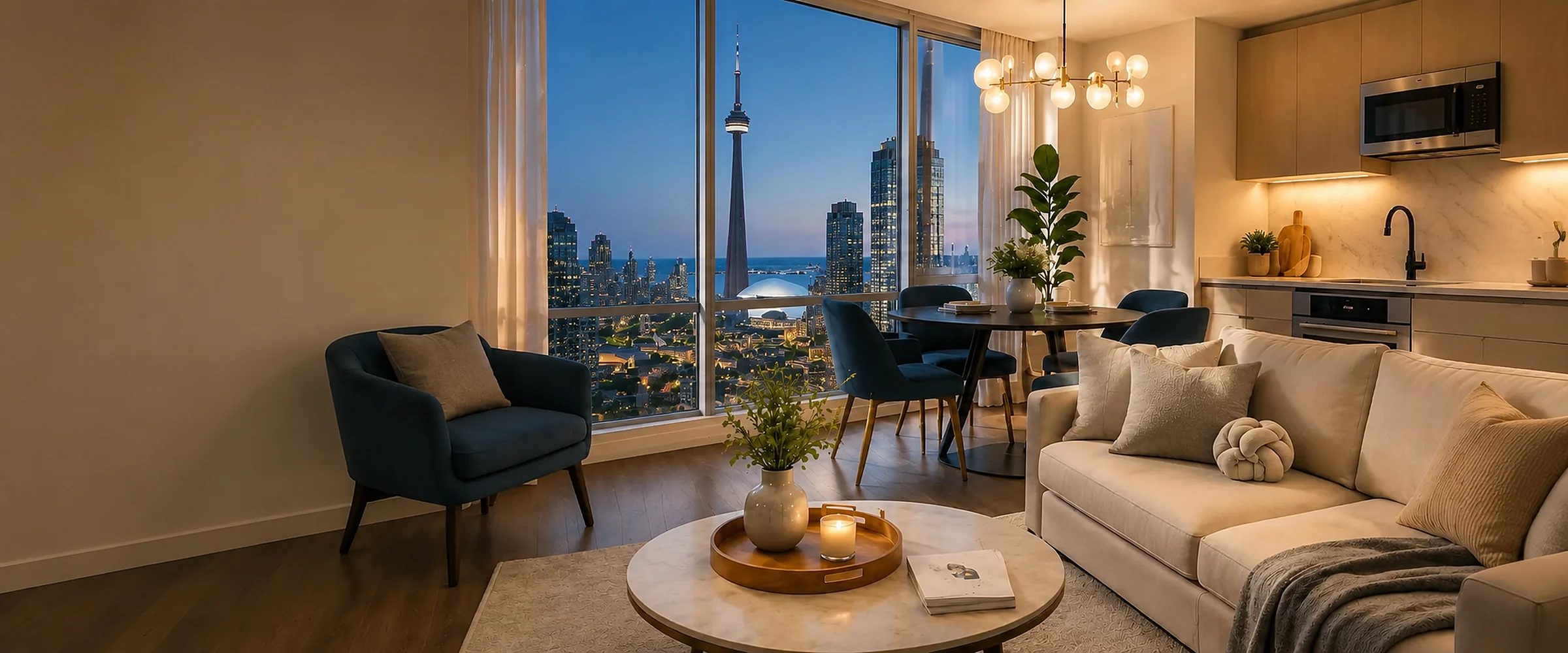 Styled Greater Toronto Area short term rental living room at dusk with warm lamp light and city lights beyond the glass