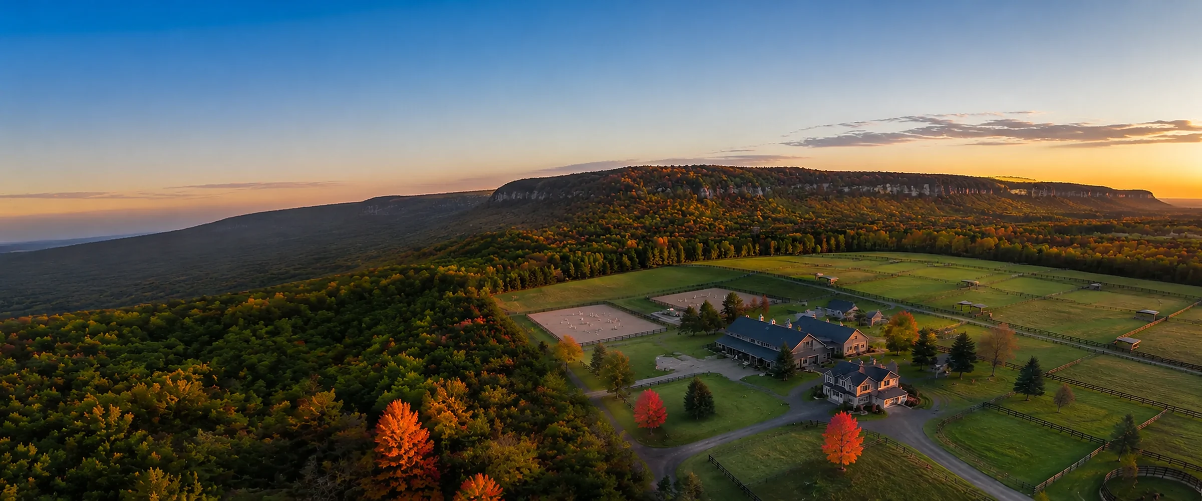 Camera drone capturing a Caledon countryside estate at dusk