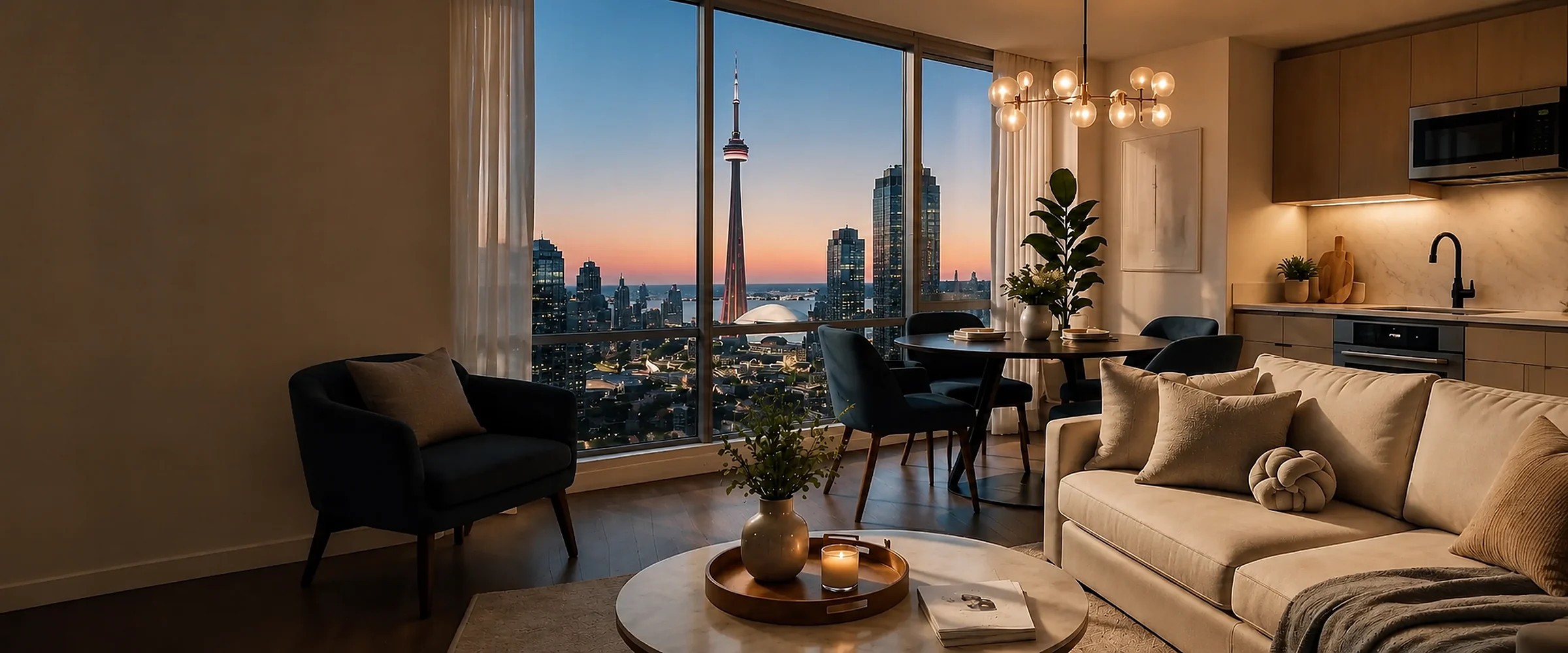 Elegant Toronto condo living room at dusk with the CN Tower and city skyline through floor to ceiling windows