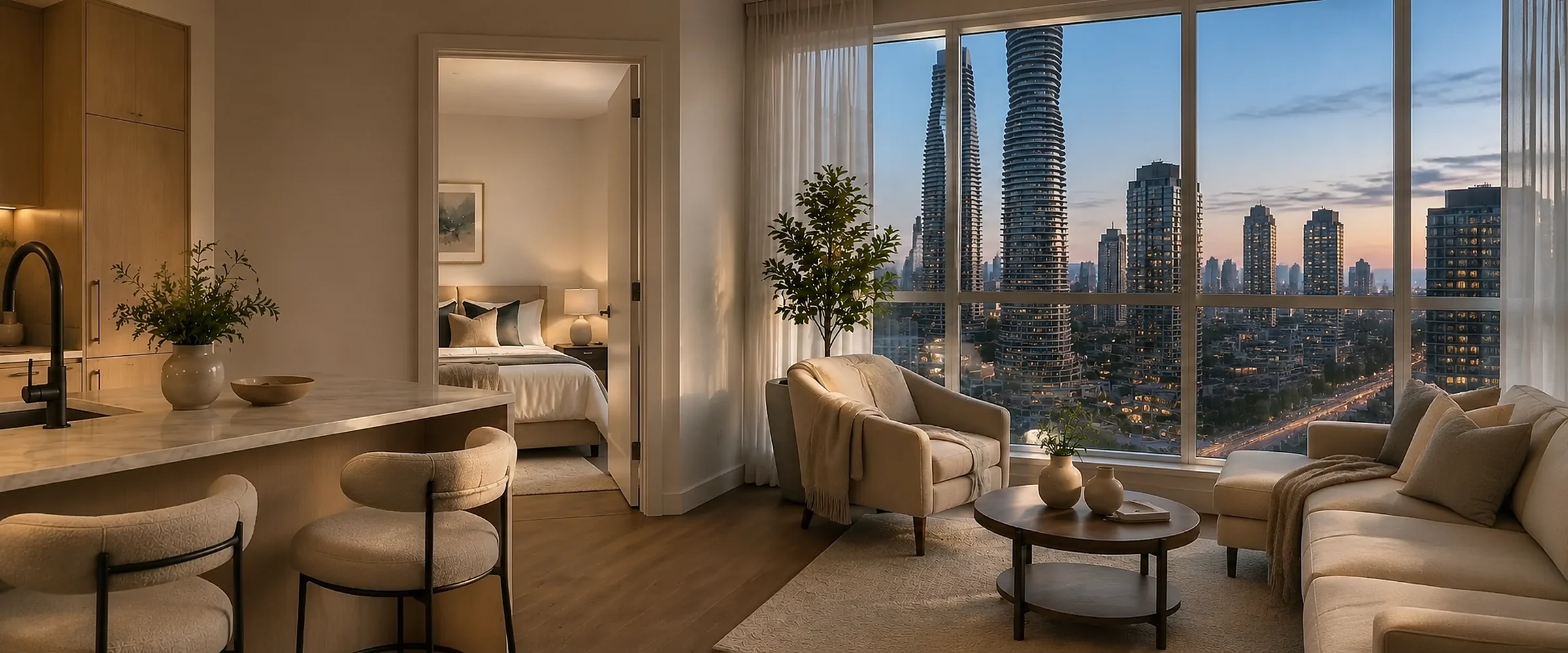 Elegant Mississauga condo living room at dusk with the Absolute World towers through floor to ceiling windows