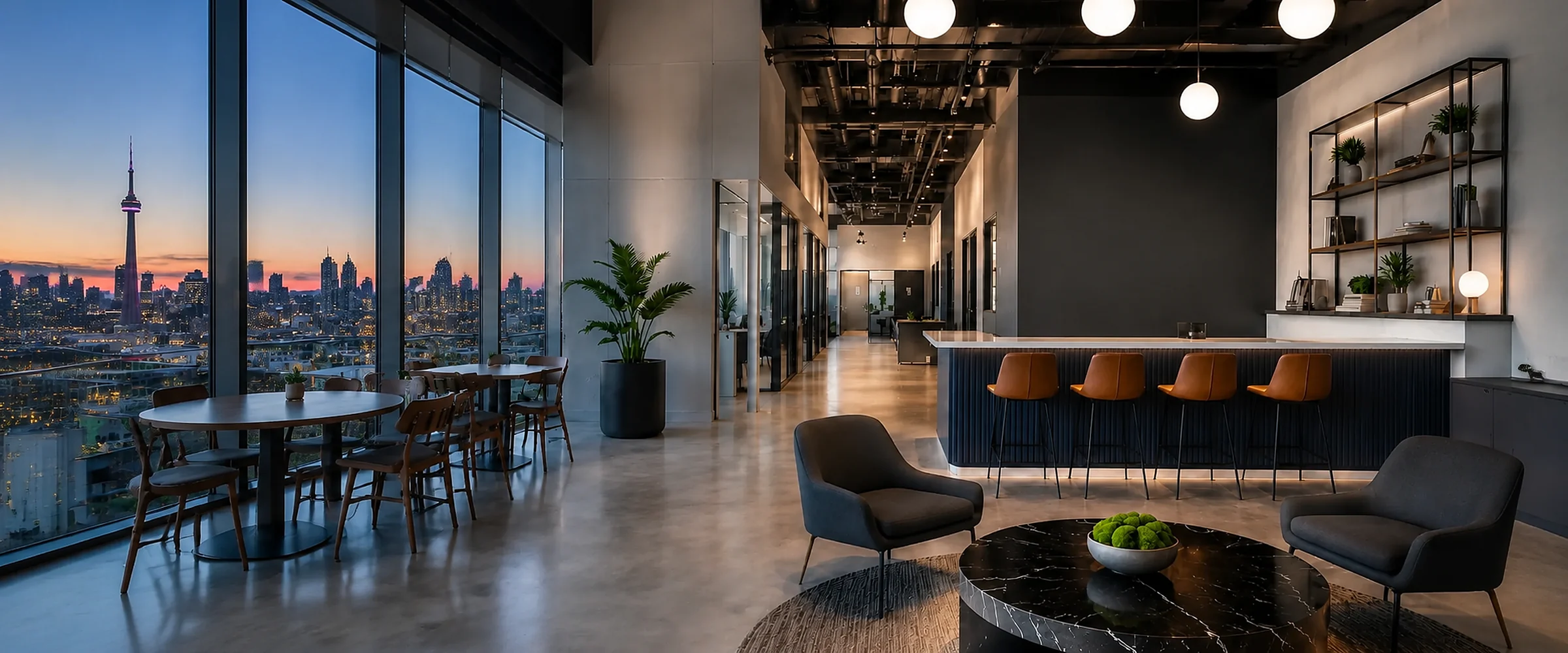 Modern Toronto commercial office lounge interior at dusk