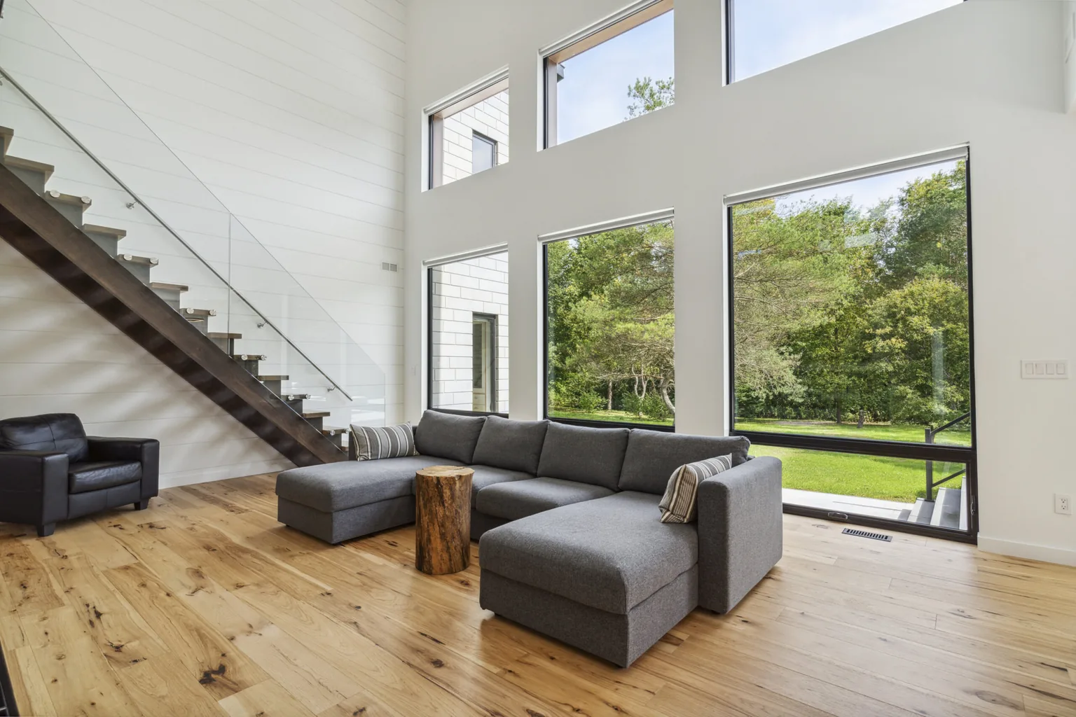 HDR real estate photography of a double height Milton living room with treed views