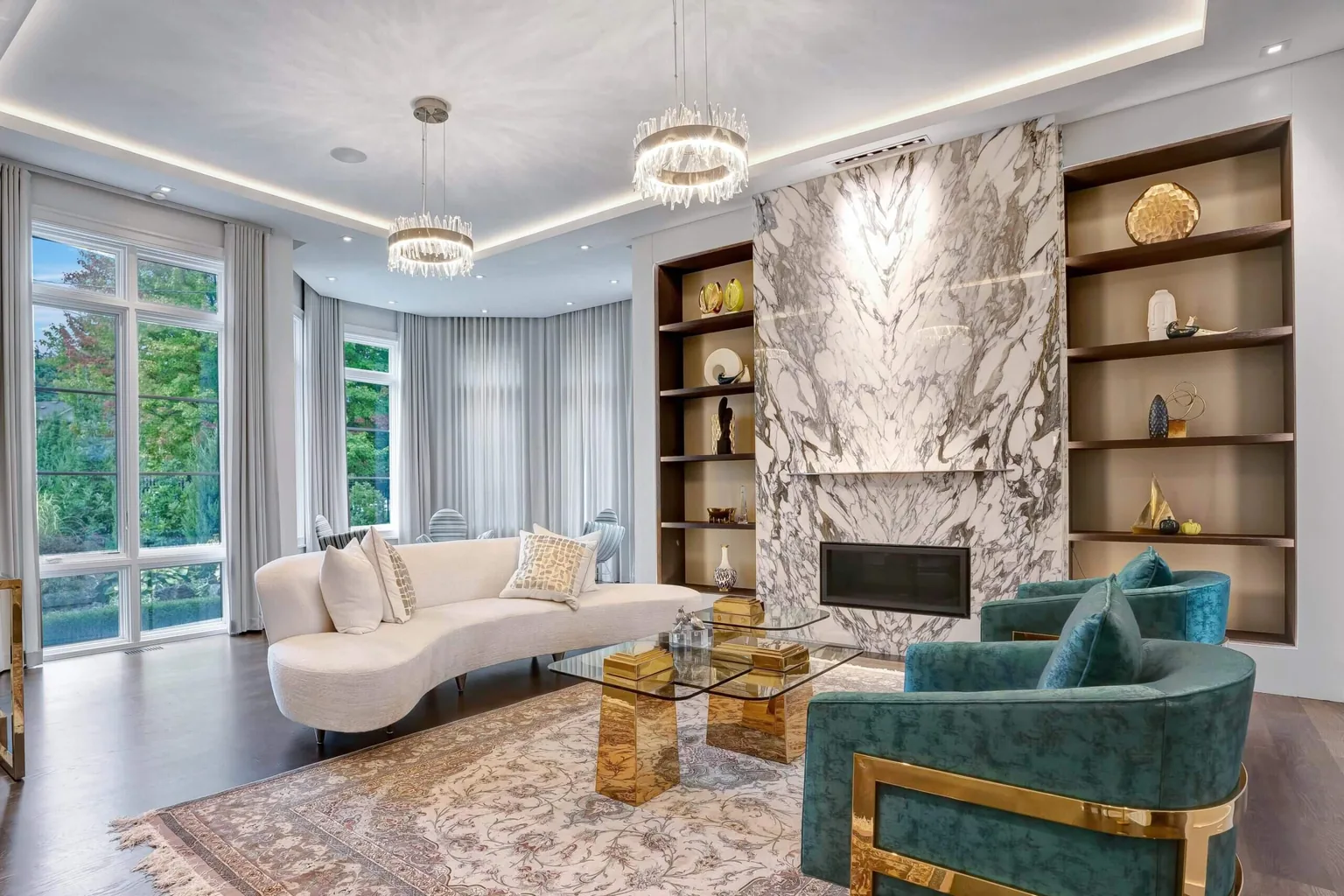 HDR real estate photography of a Markham living room with a marble fireplace