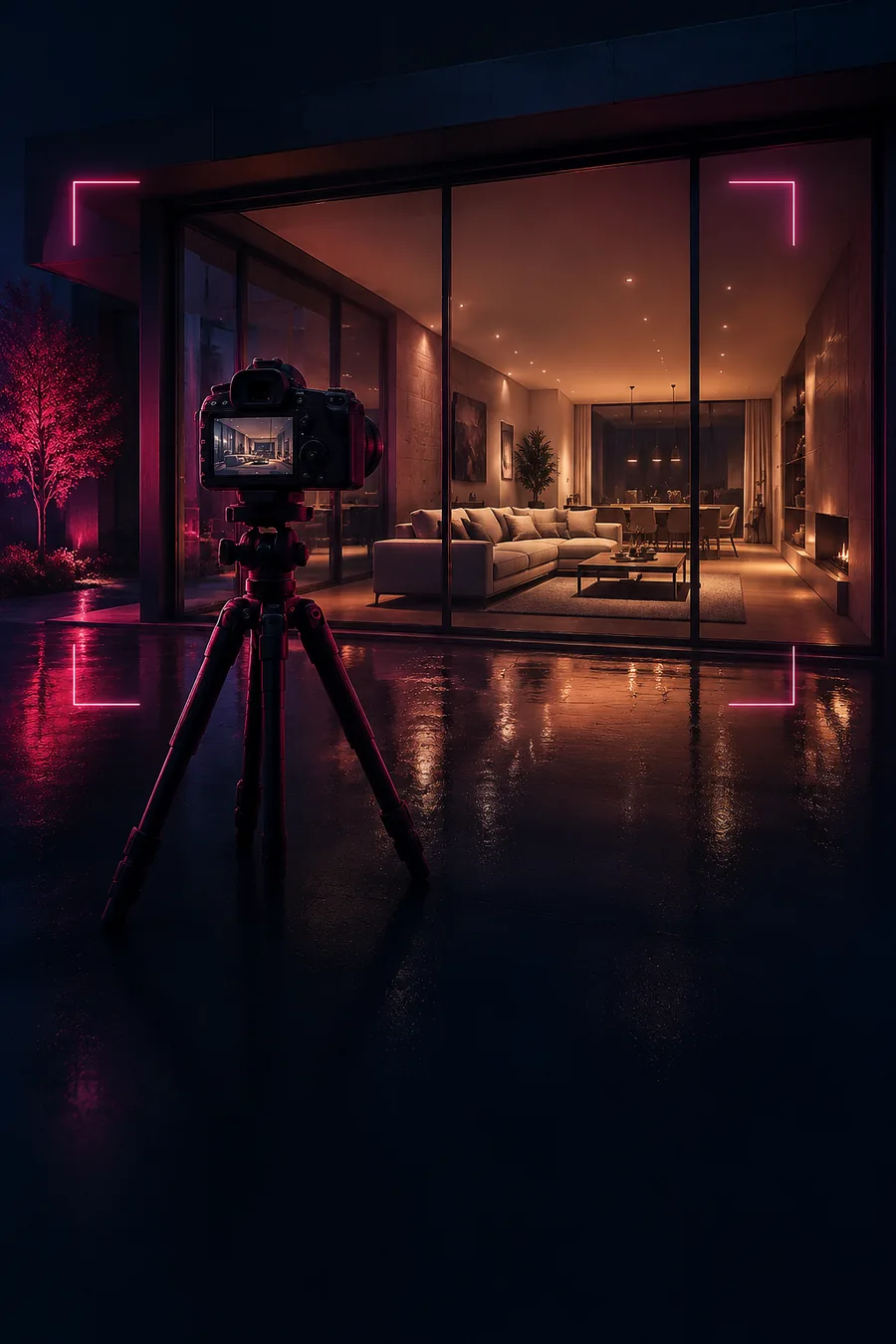 Professional camera on a tripod shooting a warmly lit modern interior