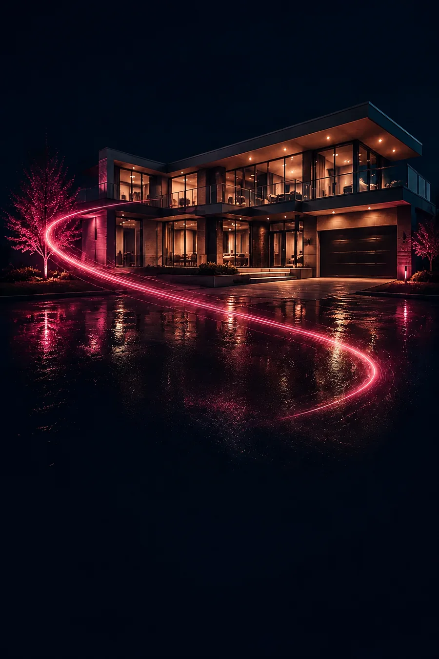 Cinema camera on a gimbal filming a modern home at night