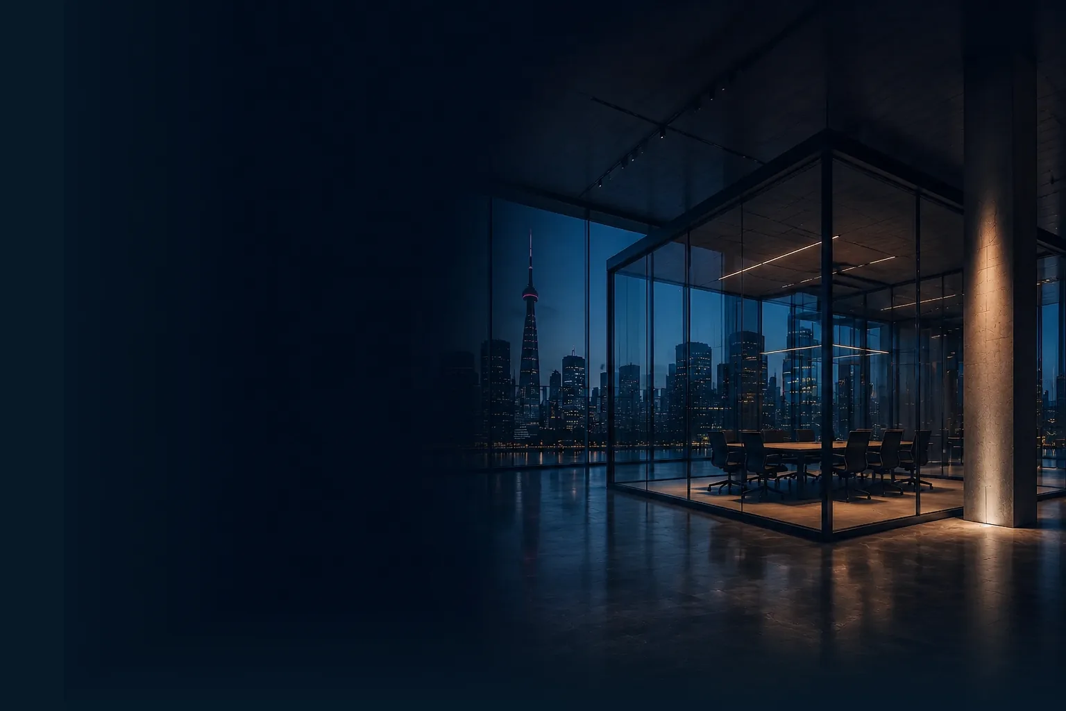 Modern Toronto commercial office interior with a glass-walled meeting room and skyline views