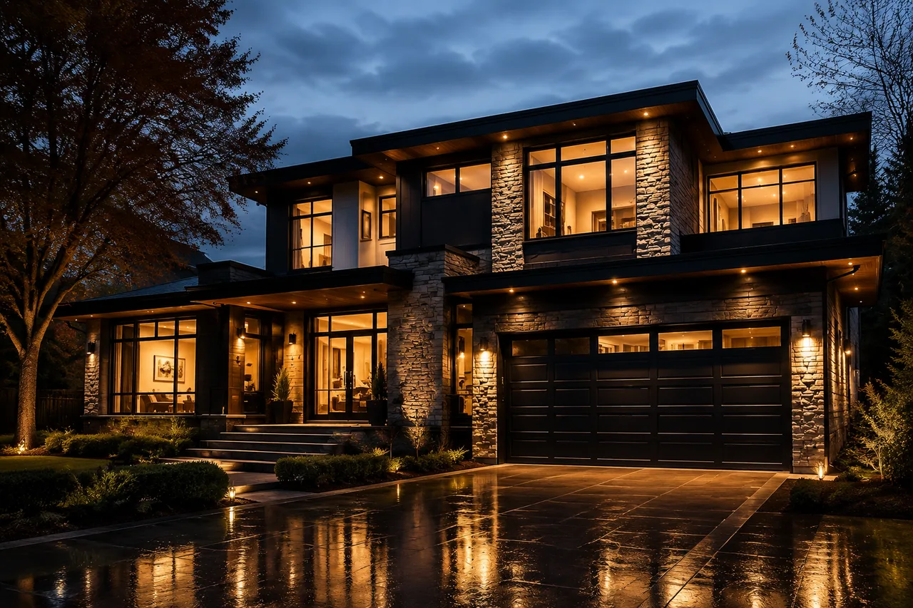 Golden-hour cinematic frame of a Bronte lakefront home in Oakville