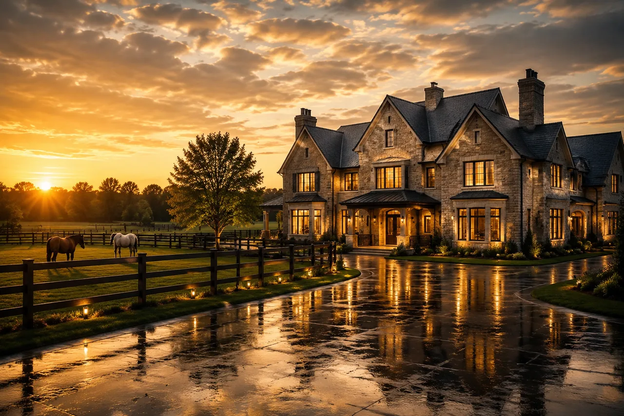 Twilight cinematic frame of a gated King City estate with paddocks